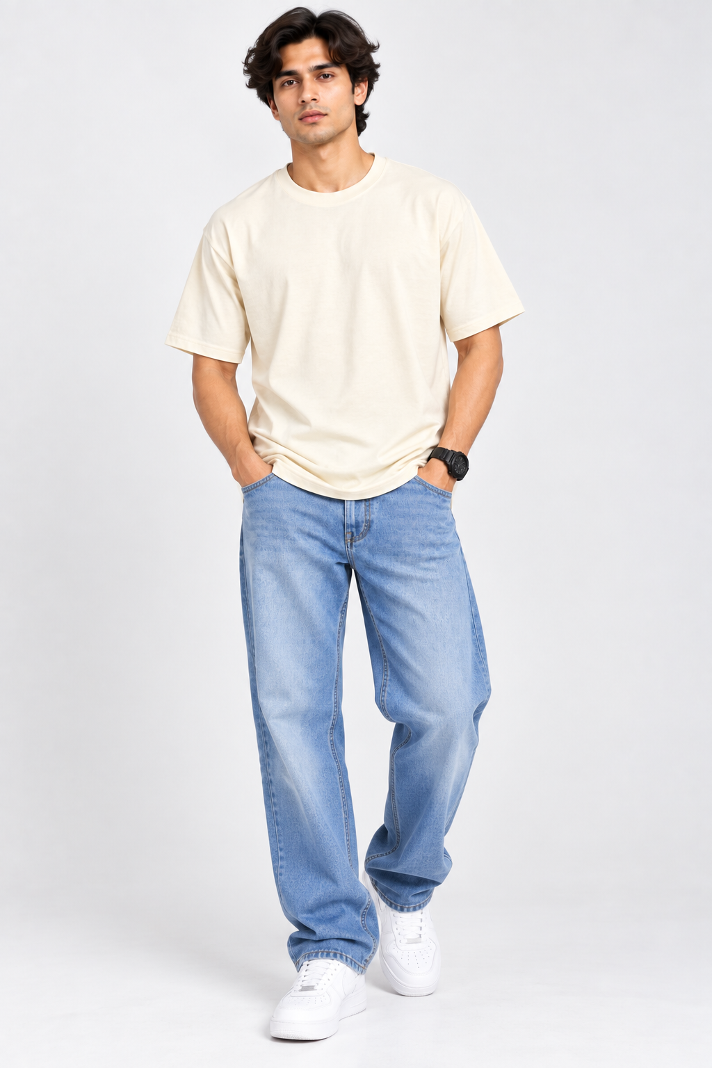 HILLDORF men's cream plain 100% cotton t-shirt front full body