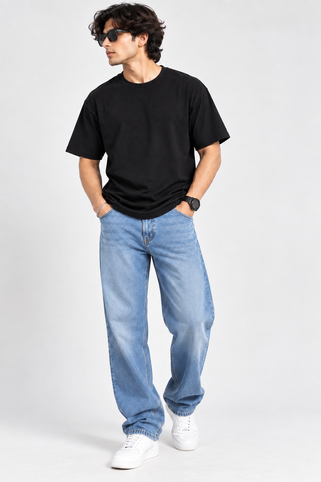 HILLDORF black plain cotton T-shirt full front view
