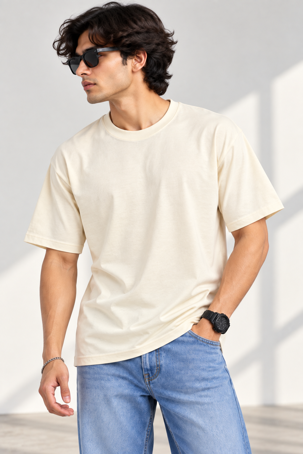 HILLDORF men's cream t-shirt lifestyle
