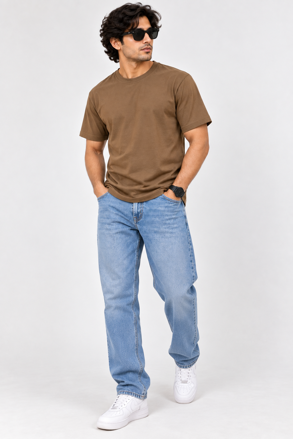 HILLDORF men's dark brown plain 100% cotton crew neck t-shirt front view