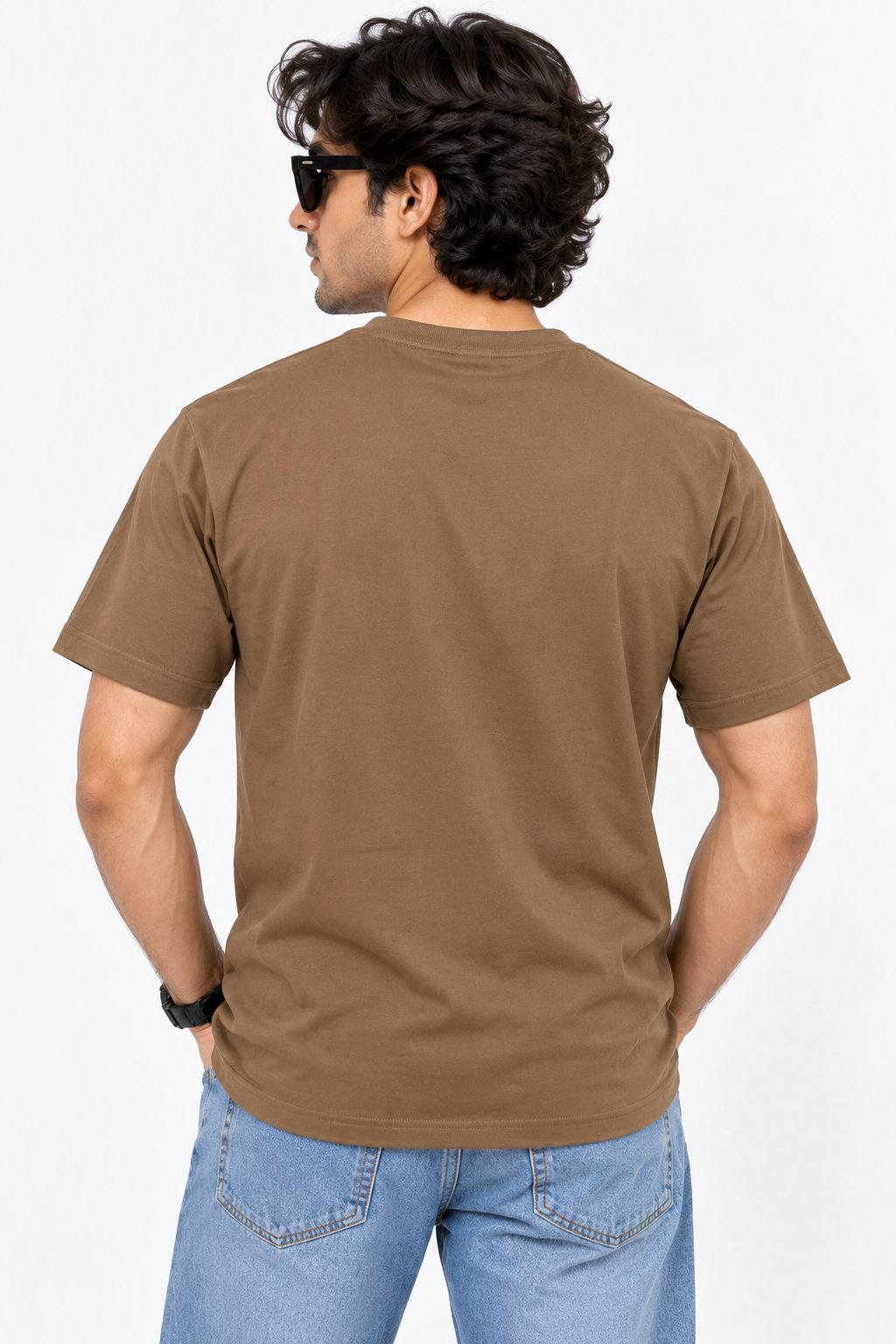 HILLDORF men's dark brown plain cotton t-shirt back view