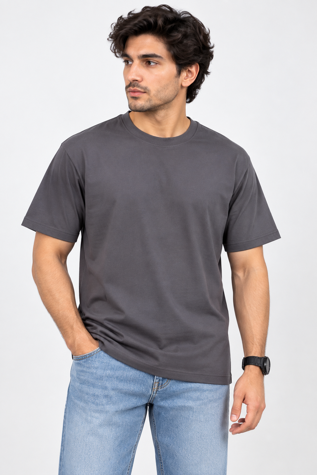 Men's Dark Grey Oversized 100% Cotton Solid T-Shirt