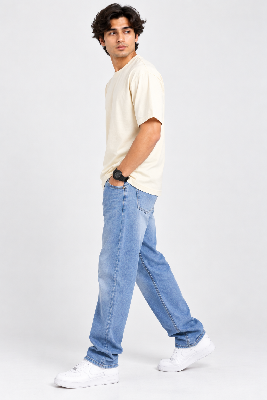 HILLDORF men's cream plain t-shirt side view