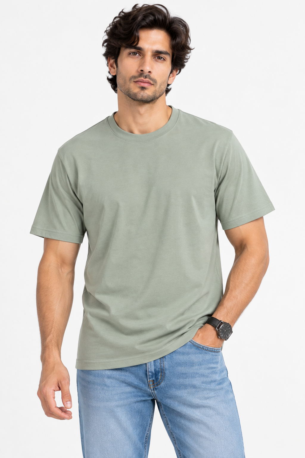 HILLDORF olive green plain cotton t-shirt front model