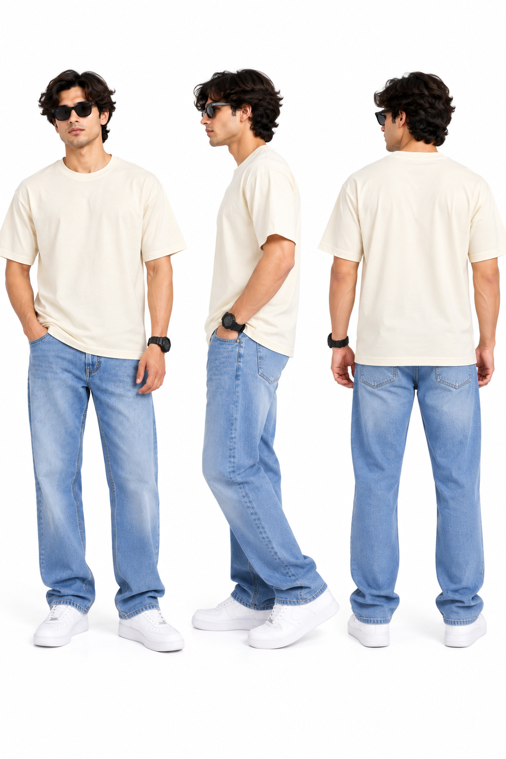HILLDORF men's cream t-shirt front side back views