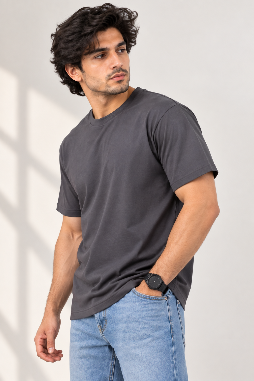 Men's Dark Grey Oversized 100% Cotton Solid T-Shirt