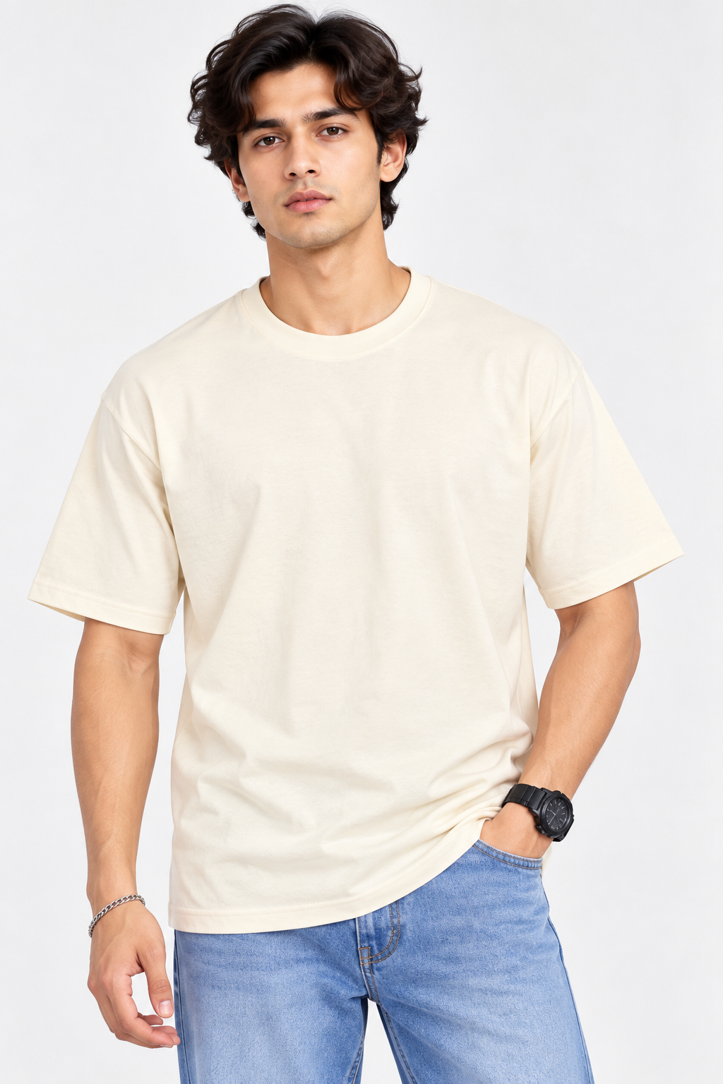 HILLDORF men's cream plain t-shirt front close up