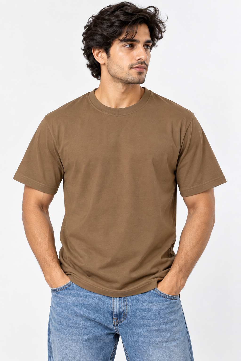HILLDORF men's dark brown plain cotton t-shirt close-up