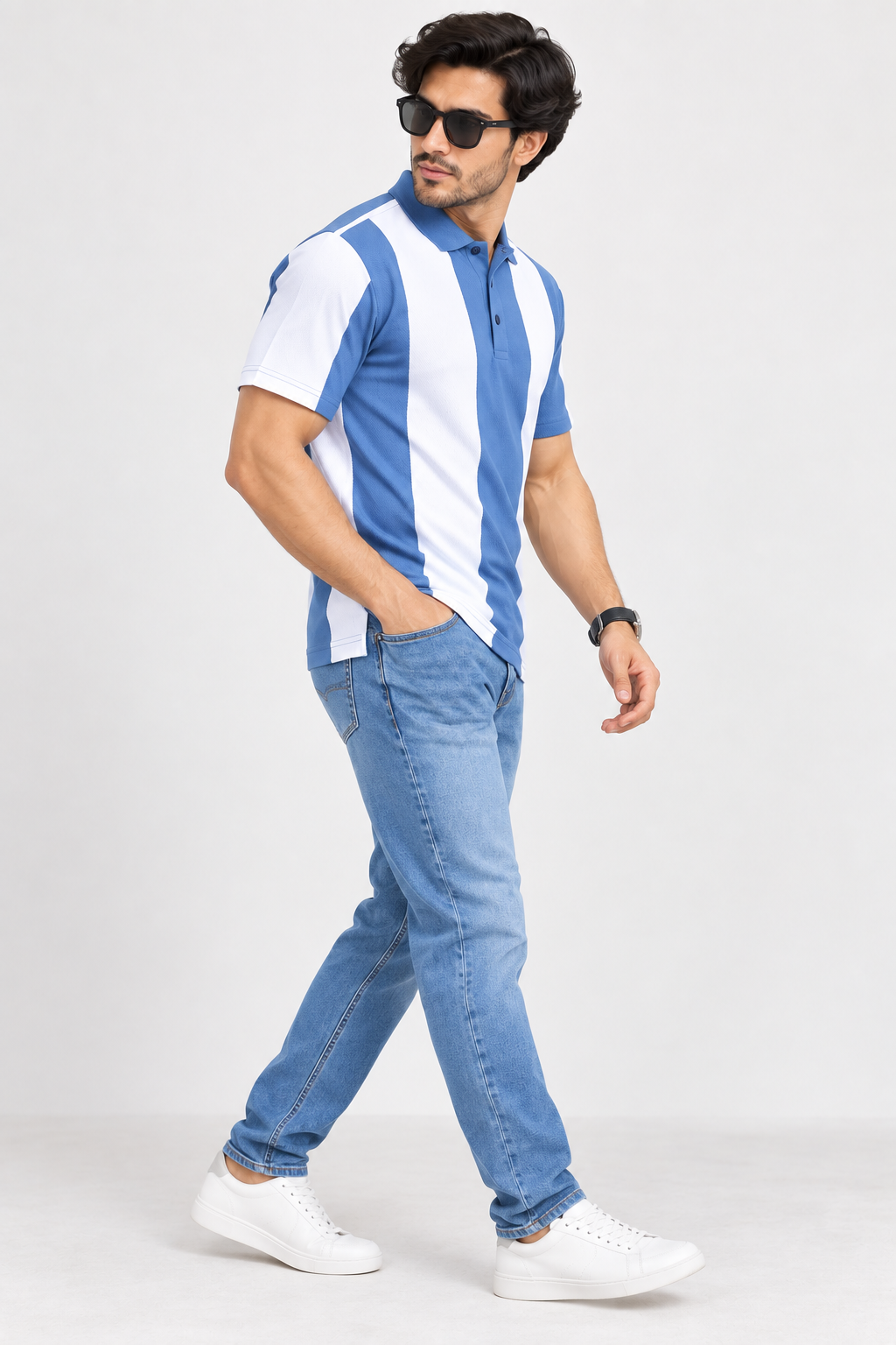 Men's Premium Micro Dot Knit Polo Shirt – Blue & White Textured Polo