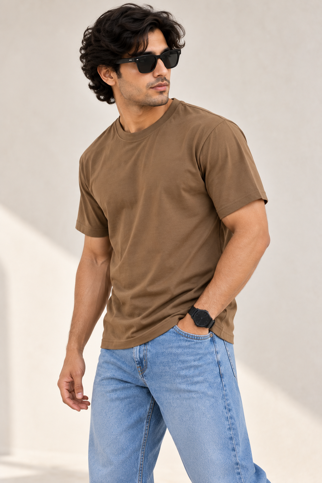 HILLDORF men's dark brown plain cotton t-shirt lifestyle