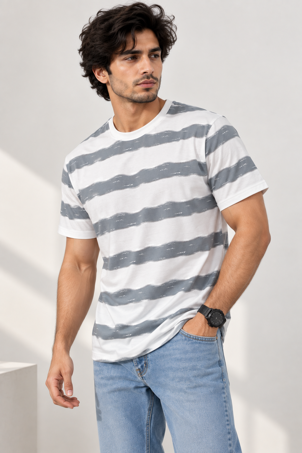 HILLDORF white grey striped t-shirt three quarter view