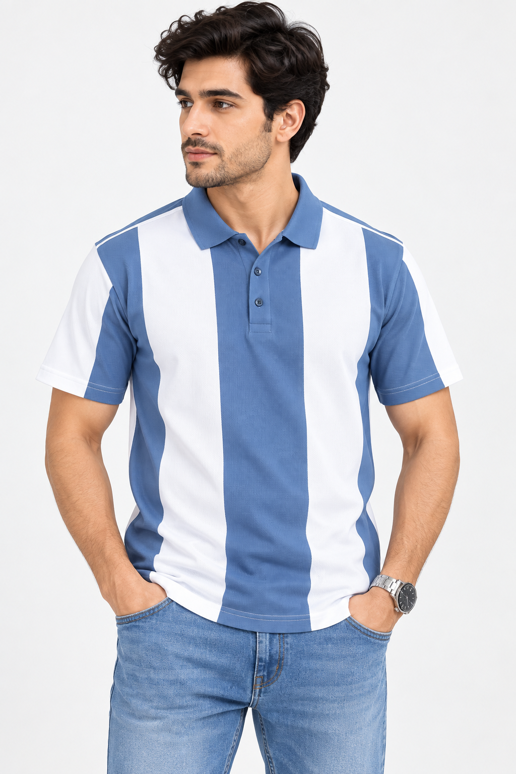 Men's Premium Micro Dot Knit Polo Shirt – Blue & White Textured Polo
