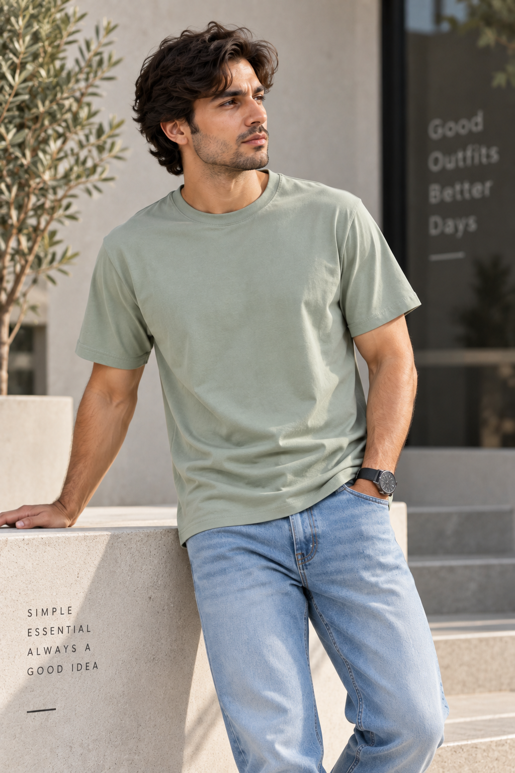 HILLDORF olive green plain t-shirt lifestyle