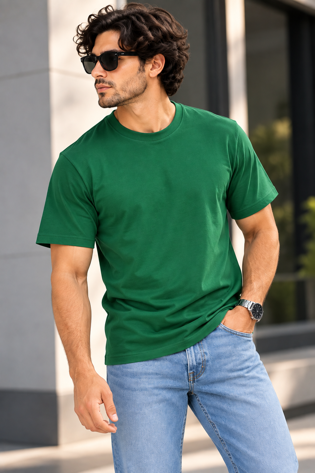 Men's Dark Green Oversized 100% Cotton Solid T-Shirt