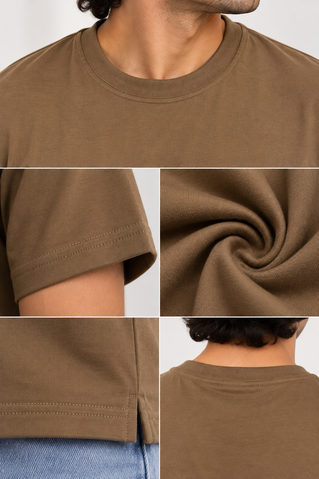 HILLDORF men's dark brown plain cotton t-shirt fabric and stitching detail