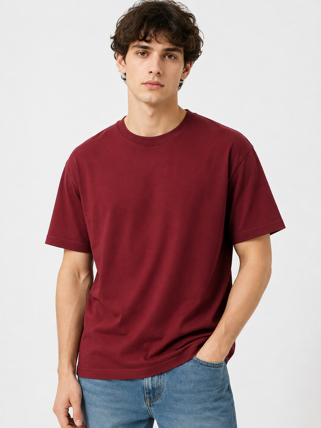 Men's Red Oversized 100% Cotton Solid T-Shirt