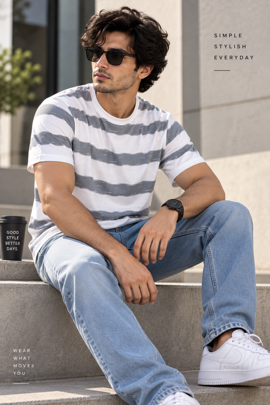 HILLDORF white grey striped t-shirt lifestyle view