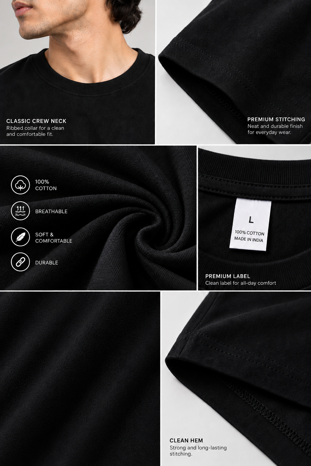 HILLDORF black plain cotton T-shirt feature detail
