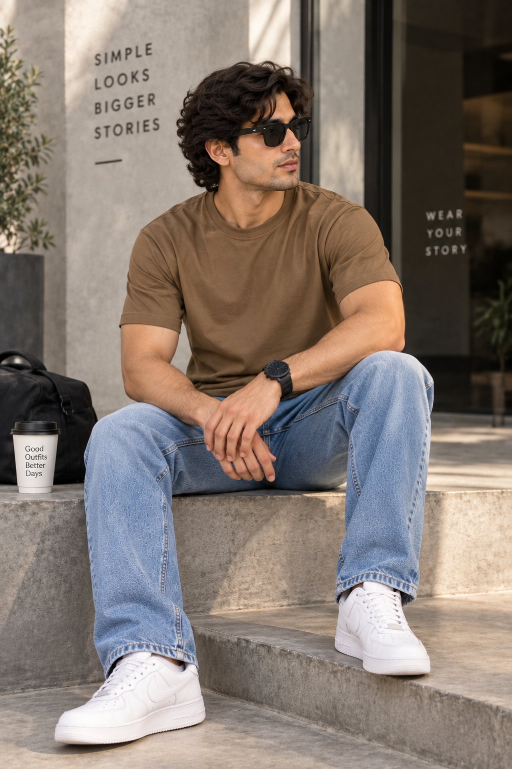 HILLDORF men's dark brown plain cotton t-shirt lifestyle seated