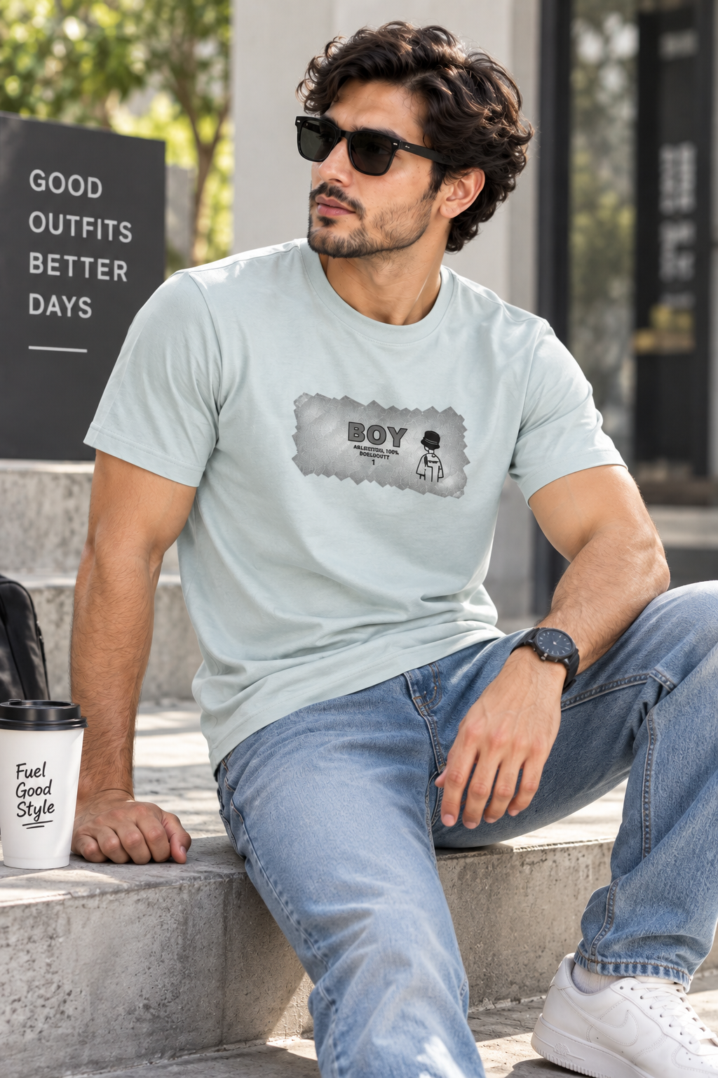 HILLDORF Tint Blue graphic T-shirt lifestyle seated view