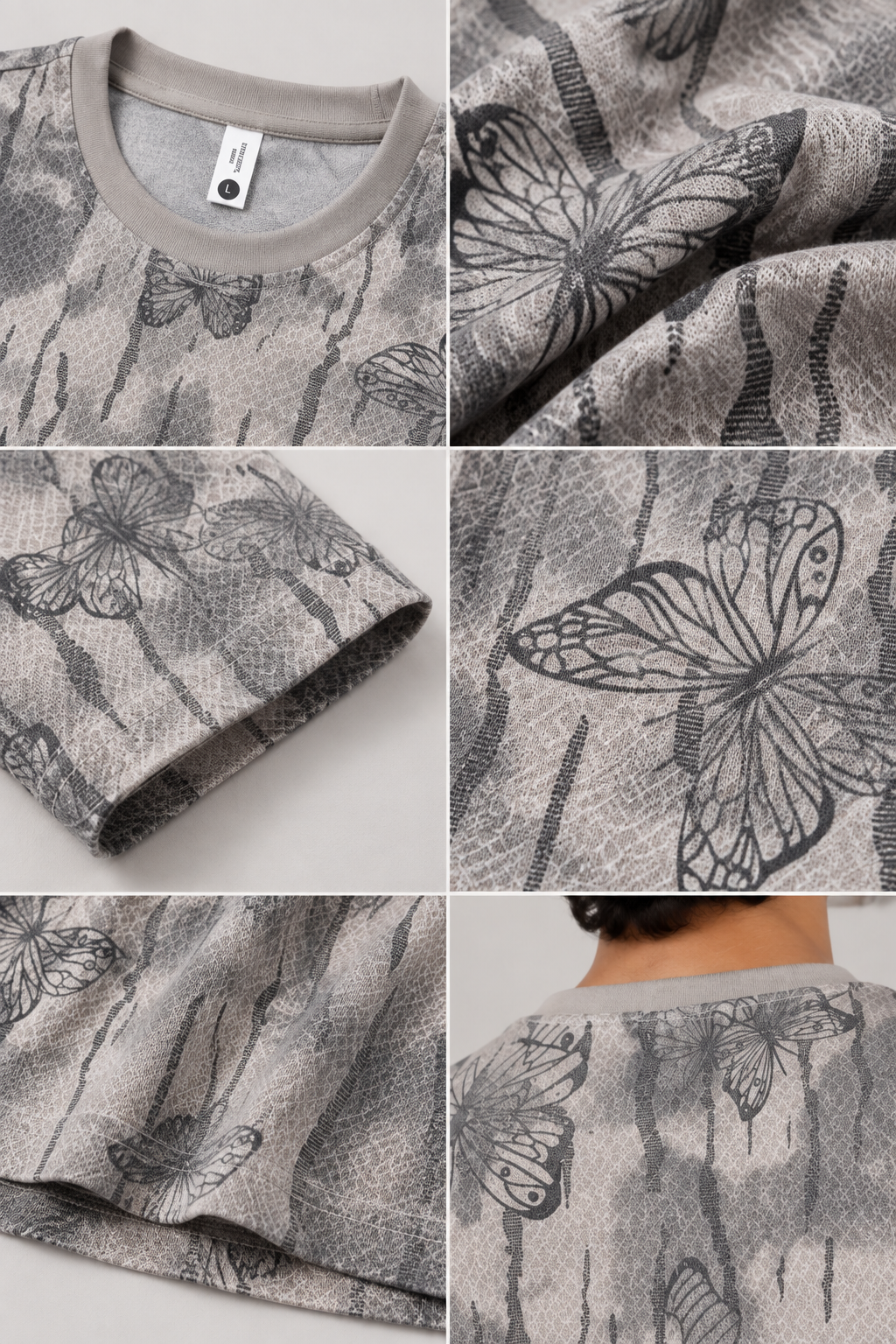 HILLDORF grey butterfly print t-shirt fabric and construction details