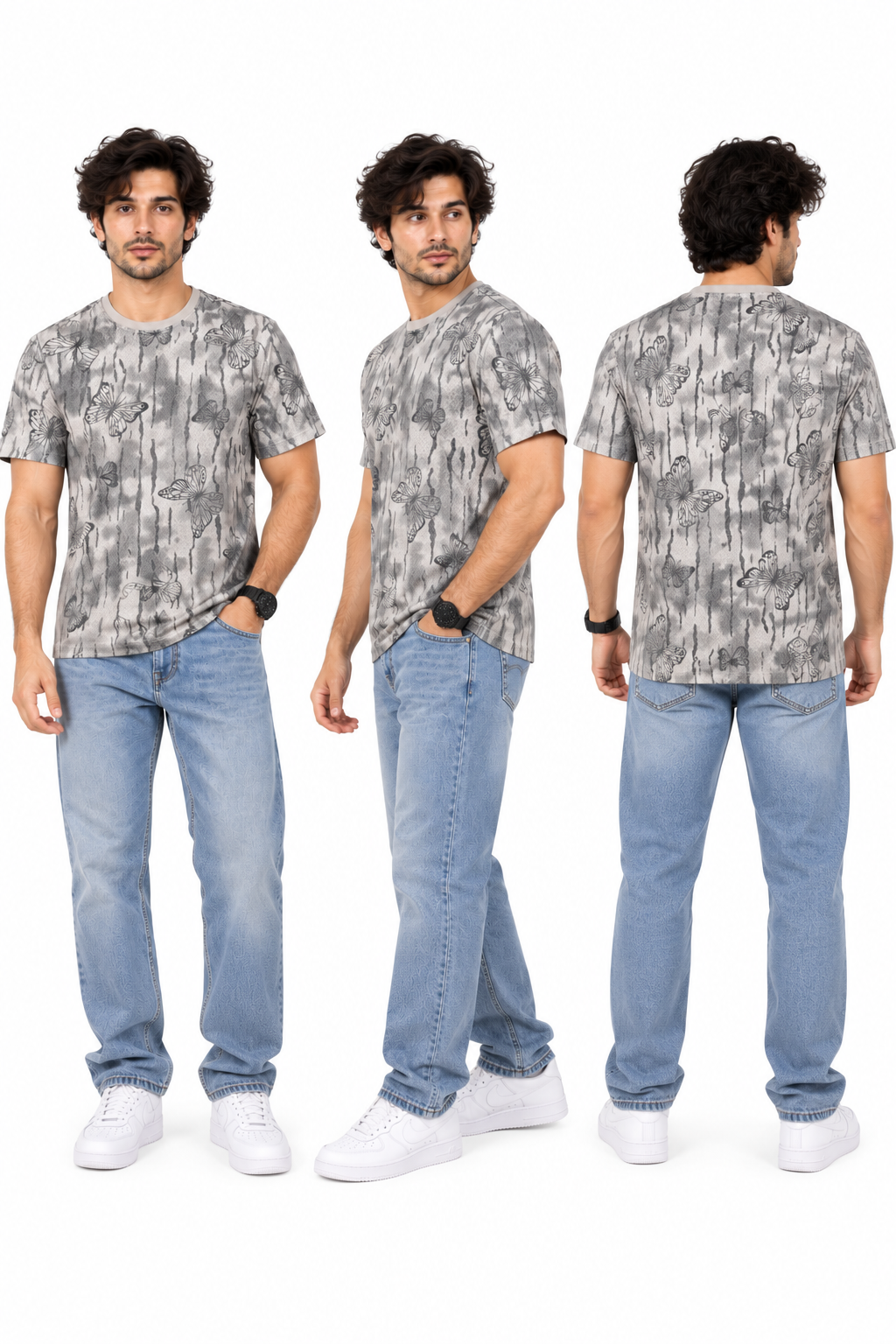 HILLDORF grey butterfly print t-shirt front side back views