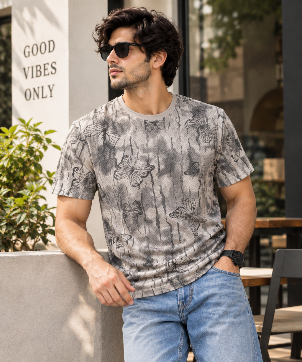 HILLDORF grey butterfly print t-shirt outdoor lifestyle