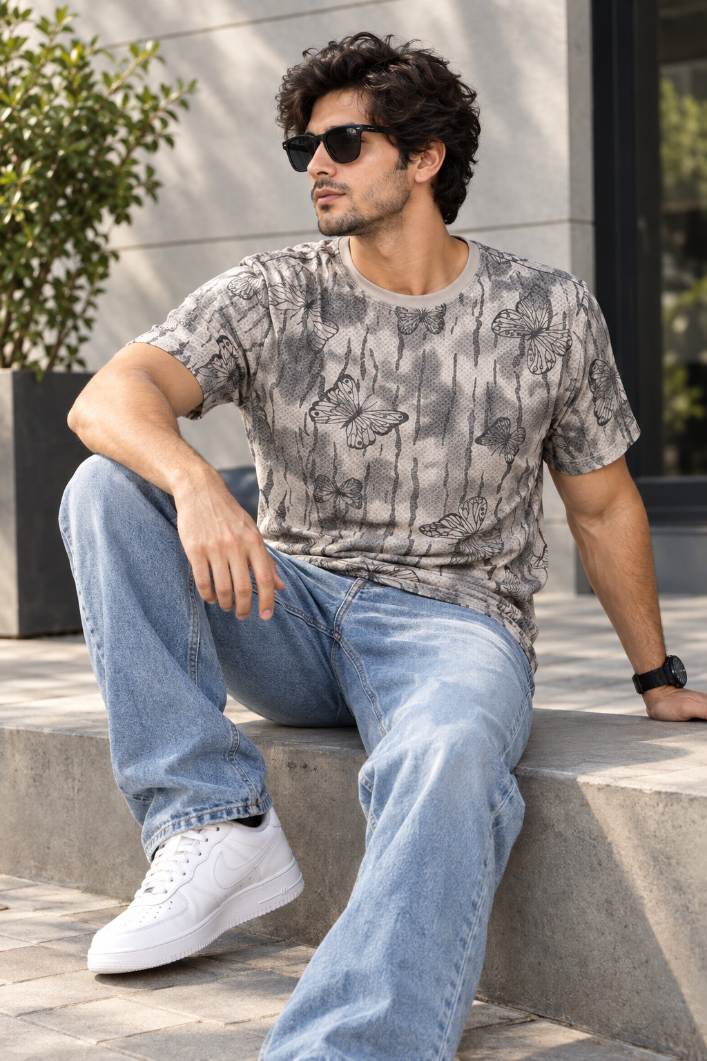 HILLDORF grey butterfly print t-shirt outdoor seated lifestyle