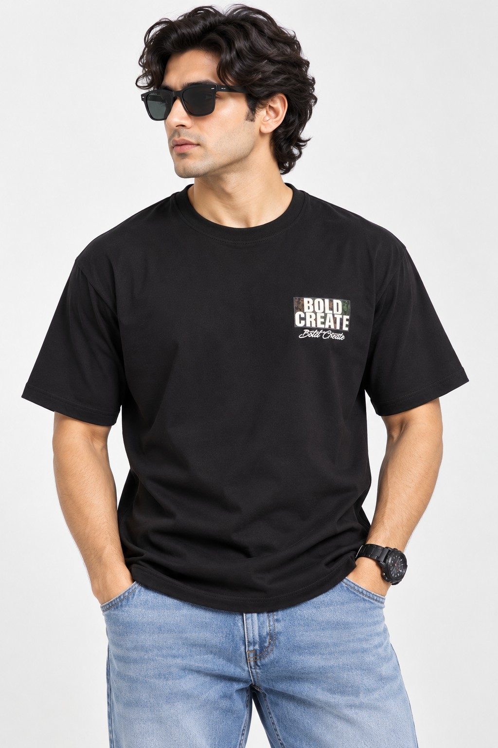 HILLDORF men's black printed t-shirt front back side and detail views