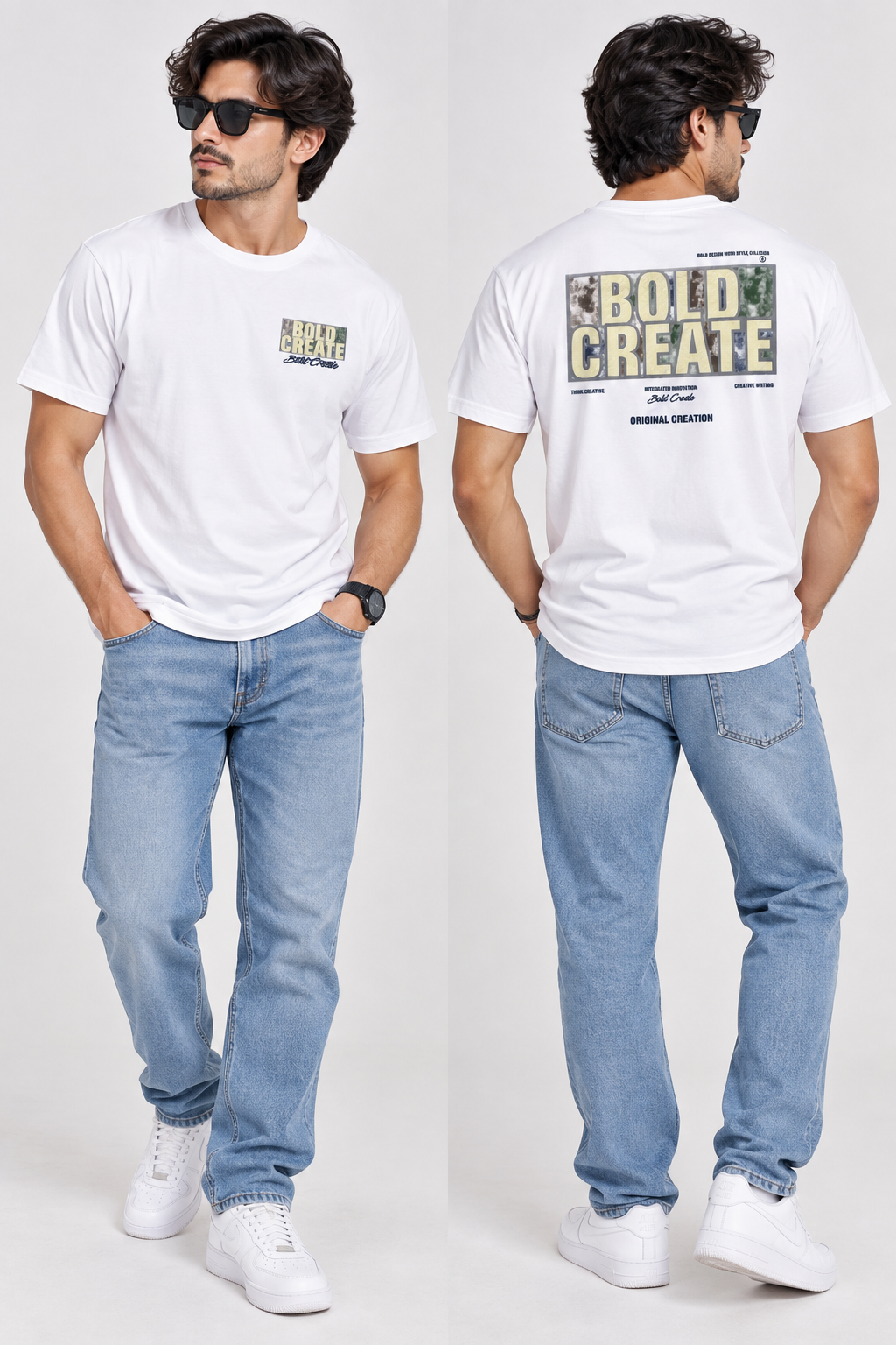 HILLDORF white printed T-shirt front and back studio view