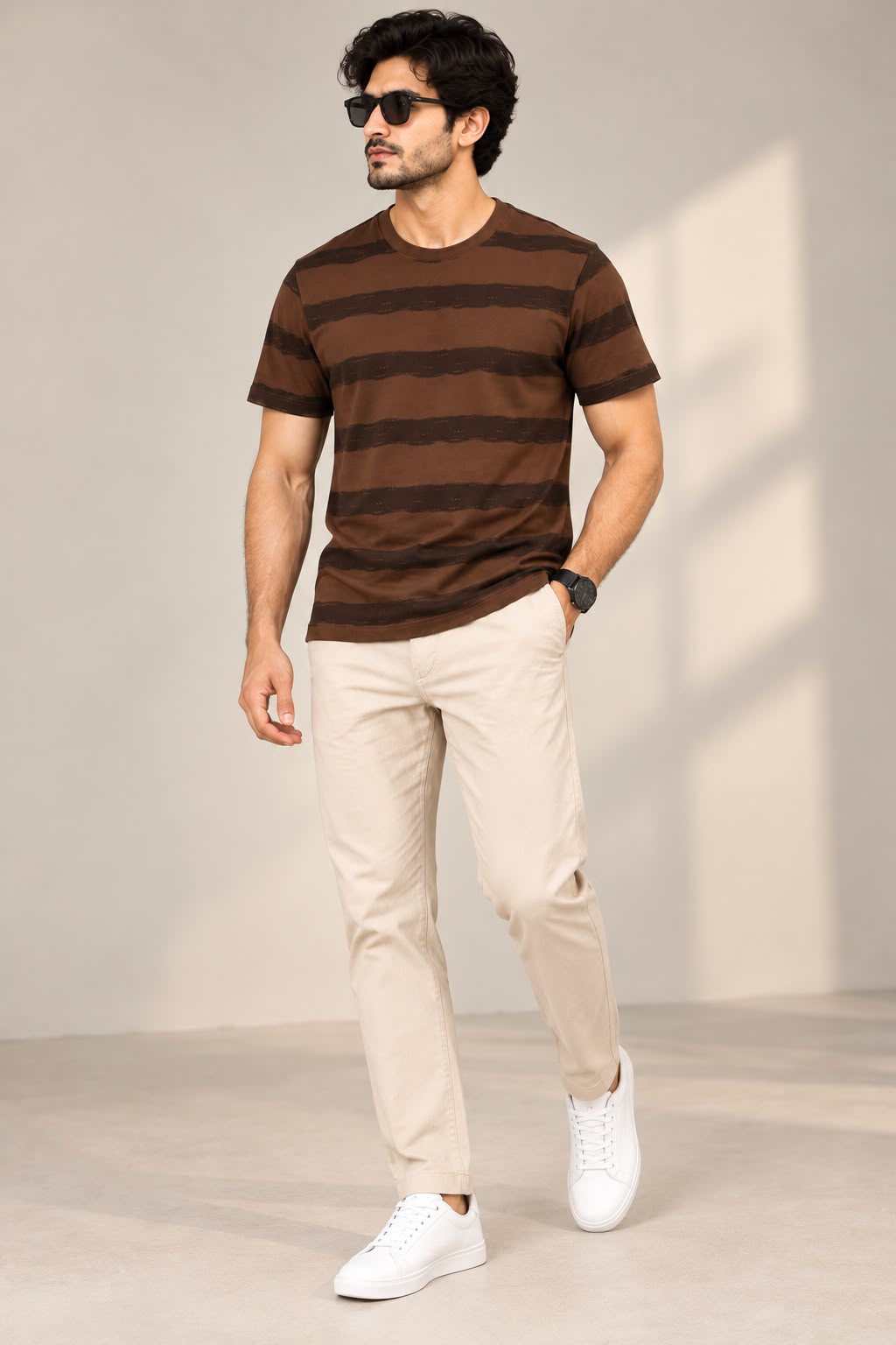 HILLDORF dark brown men's striped T-shirt full front