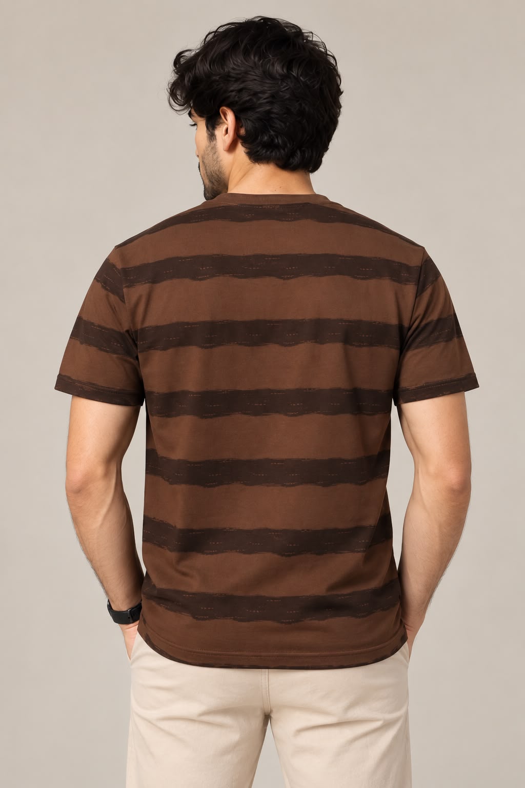 HILLDORF dark brown men's striped T-shirt back view