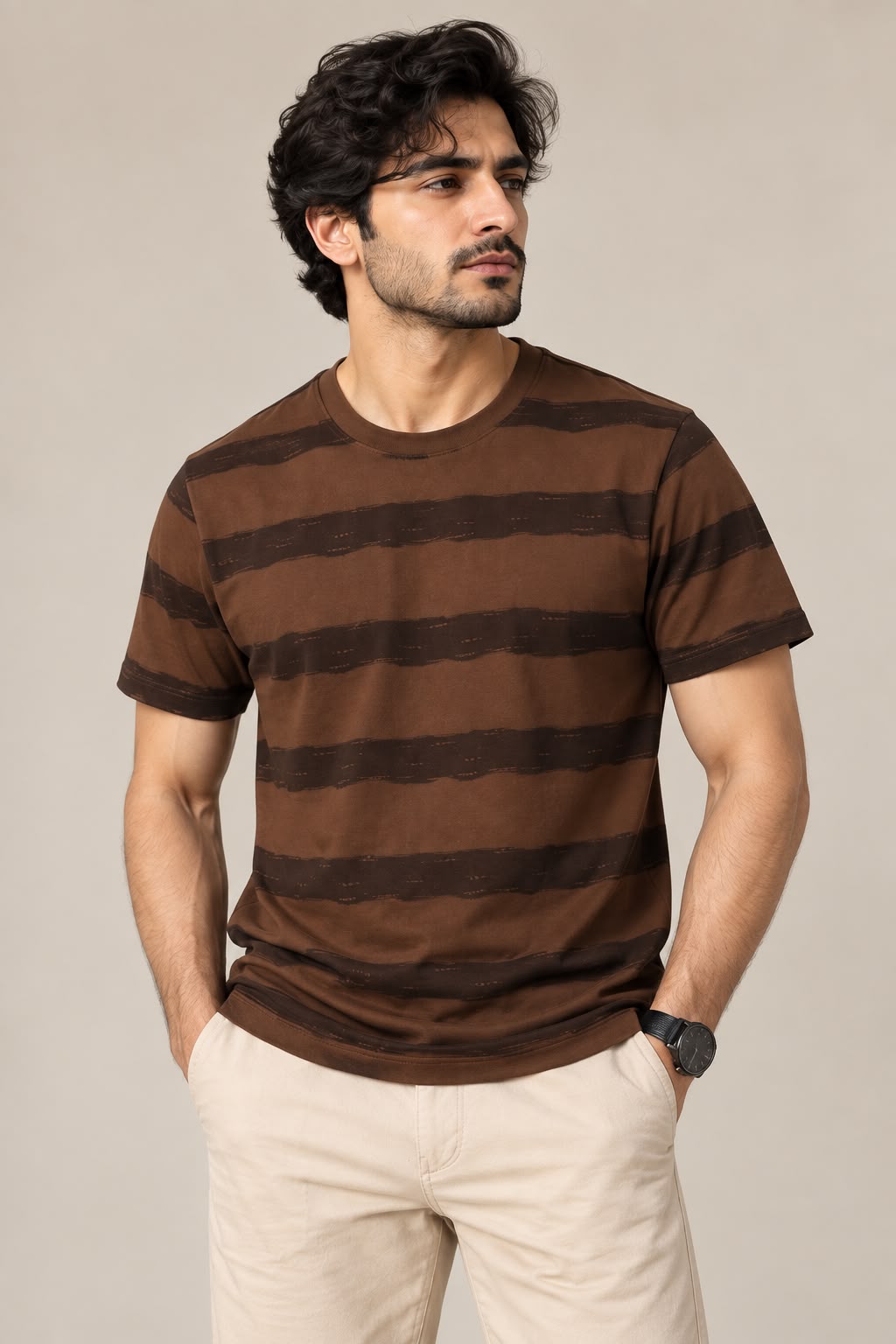HILLDORF dark brown men's striped T-shirt front detail
