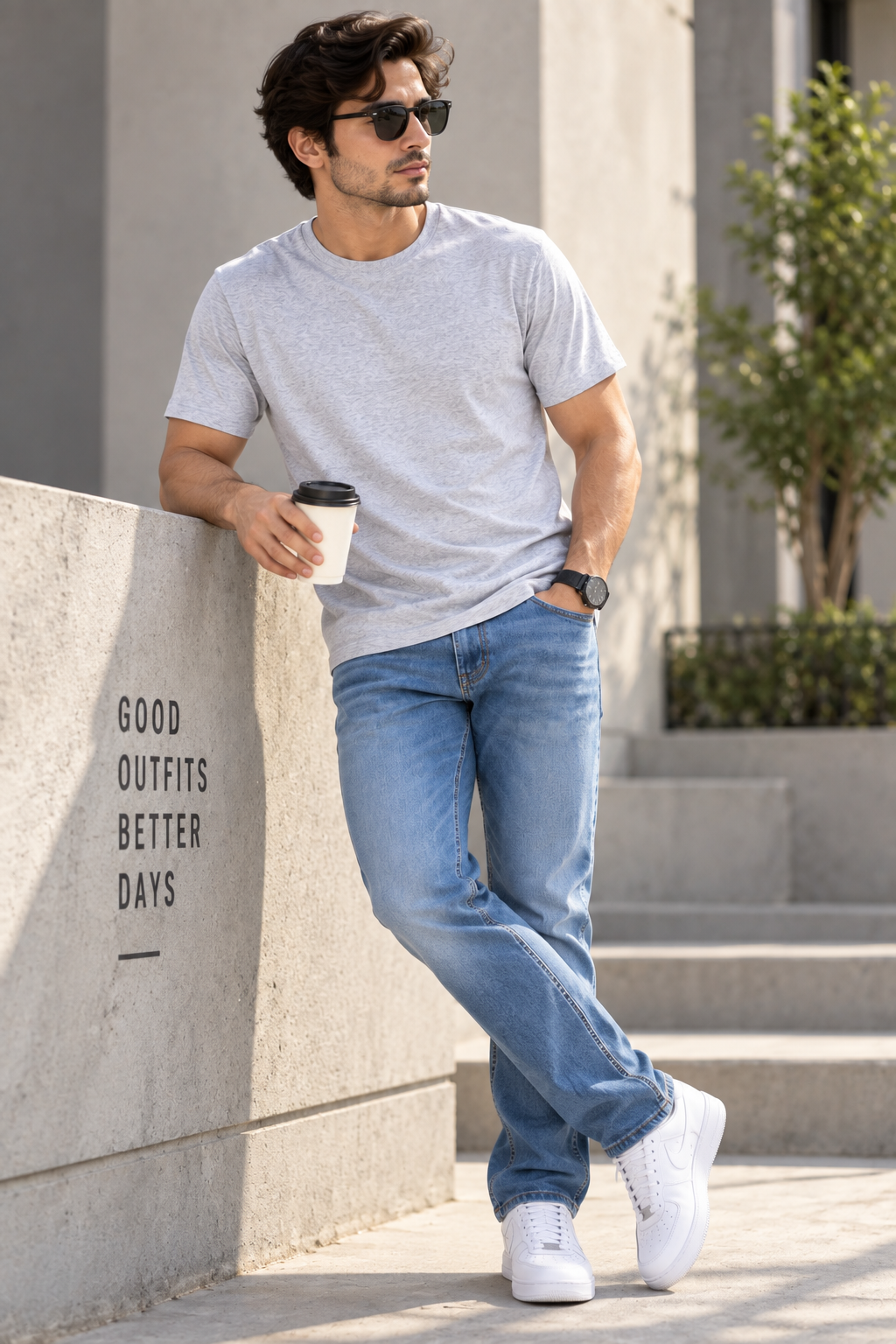 HILLDORF grey cotton blend textured t-shirt front lifestyle