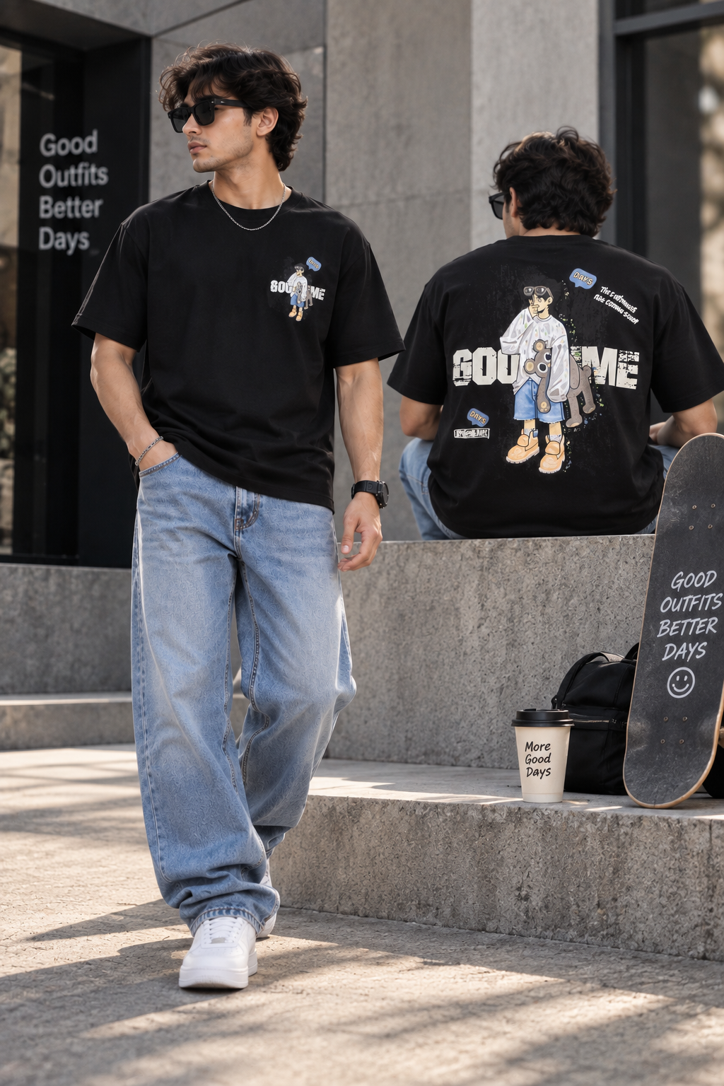 HILLDORF black printed T-shirt lifestyle duo