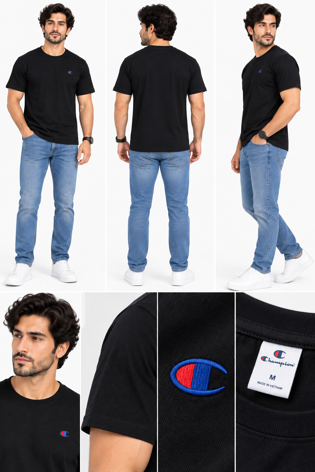 Black men's crew neck t-shirt front back and side views