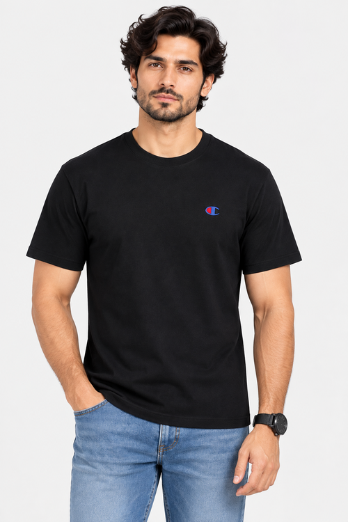 Black men's crew neck t-shirt front view