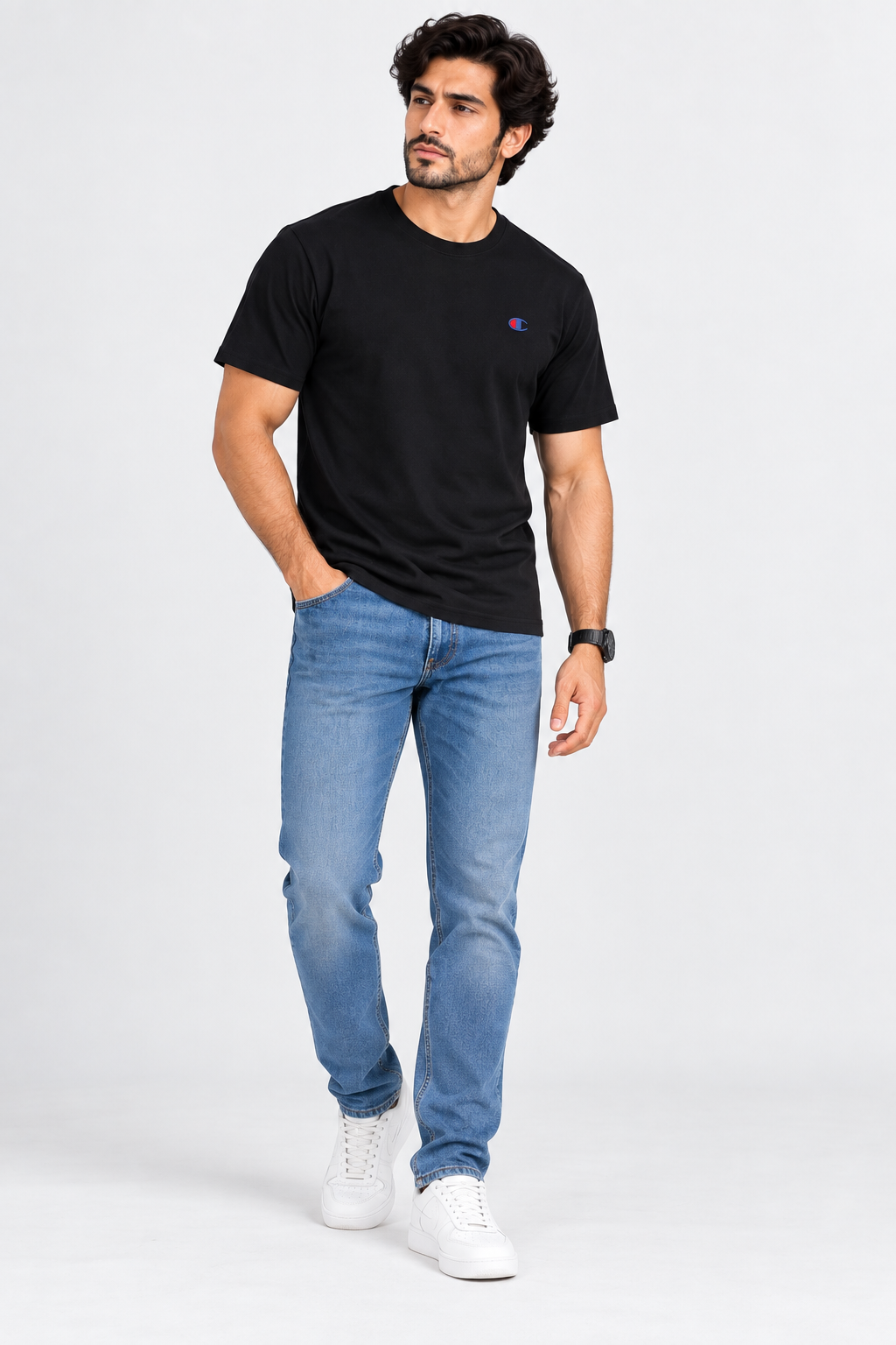 Black men's t-shirt full body outfit