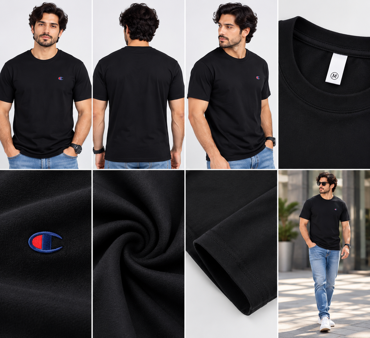 Black t-shirt front back side and fabric detail