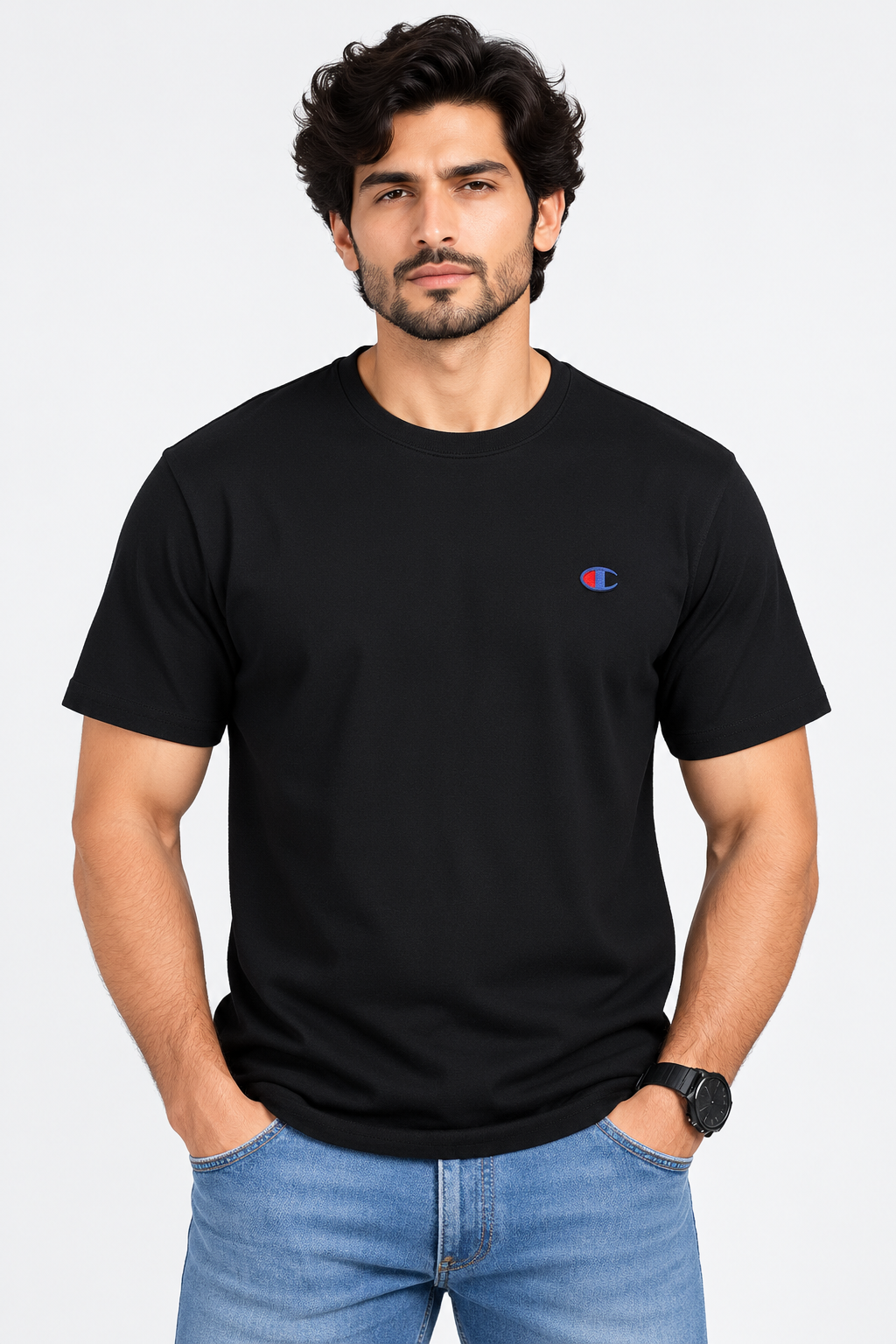 Black crew neck t-shirt close front view