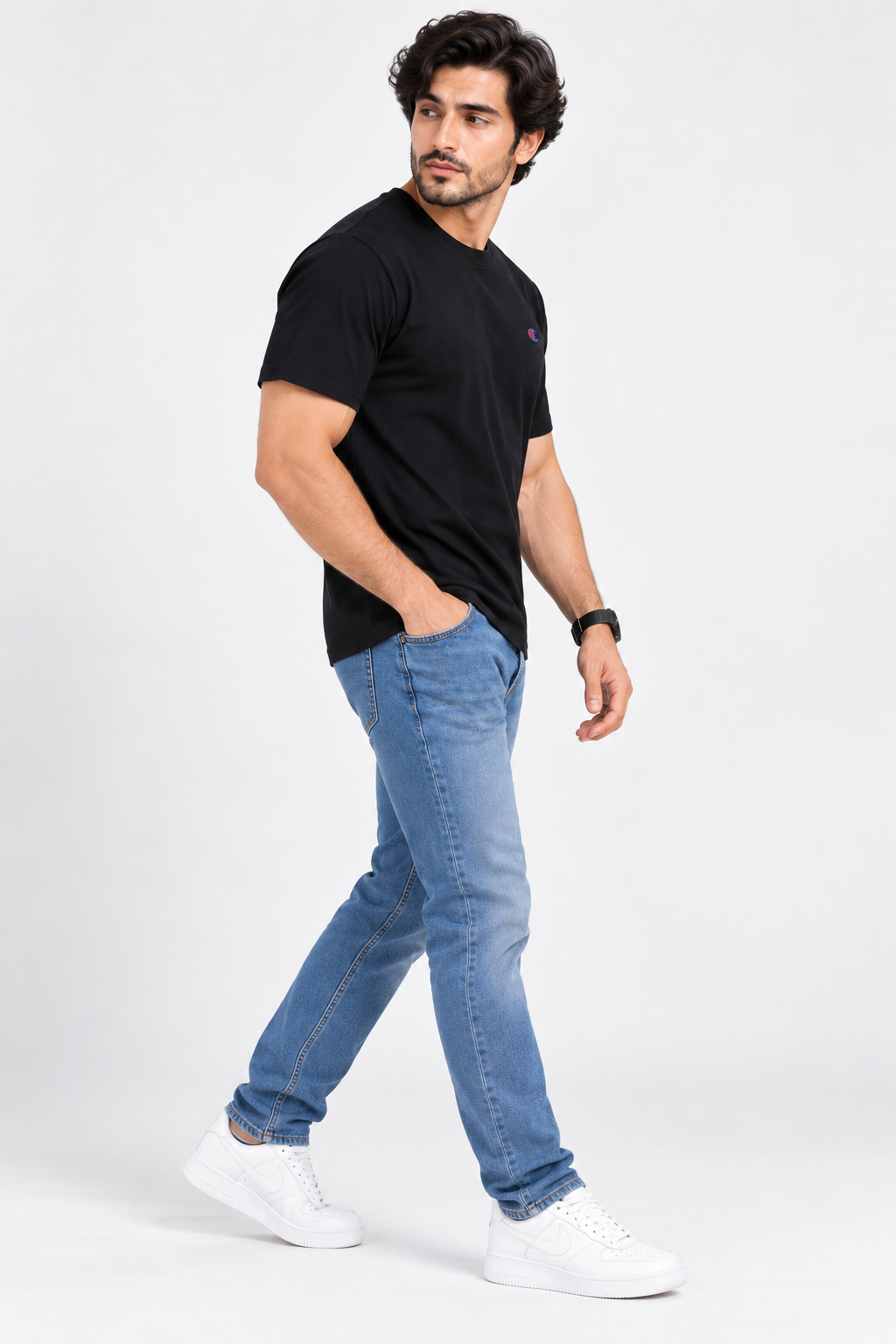 Black men's t-shirt side profile