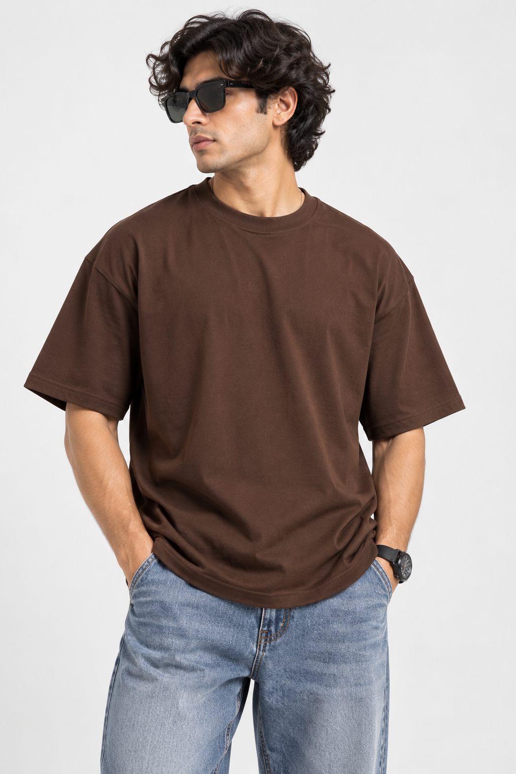HILLDORF men's brown plain 100% cotton crew neck t-shirt front