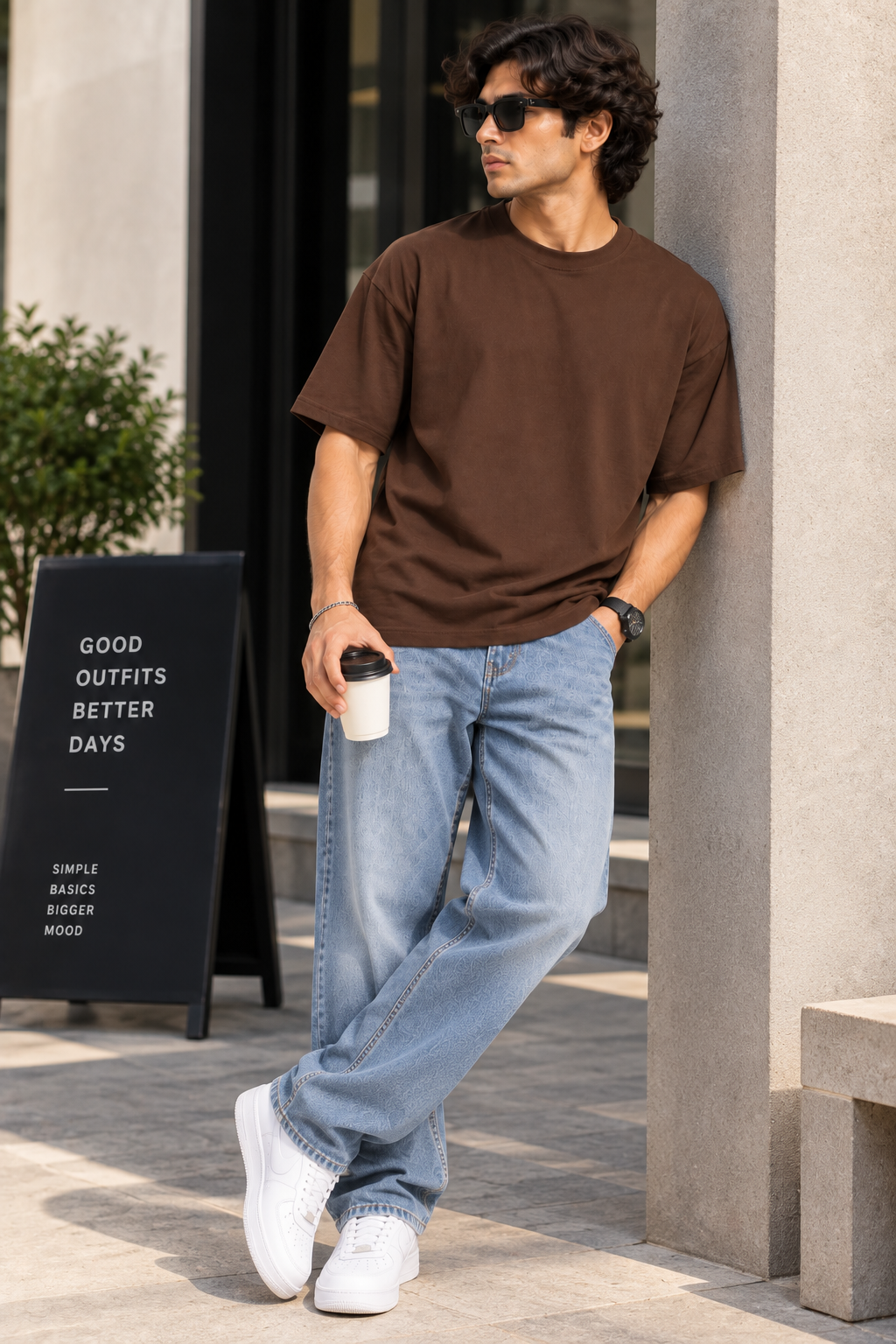 HILLDORF men's brown plain cotton t-shirt full body