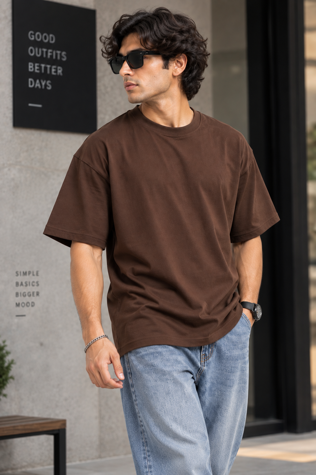 HILLDORF men's brown plain cotton t-shirt lifestyle