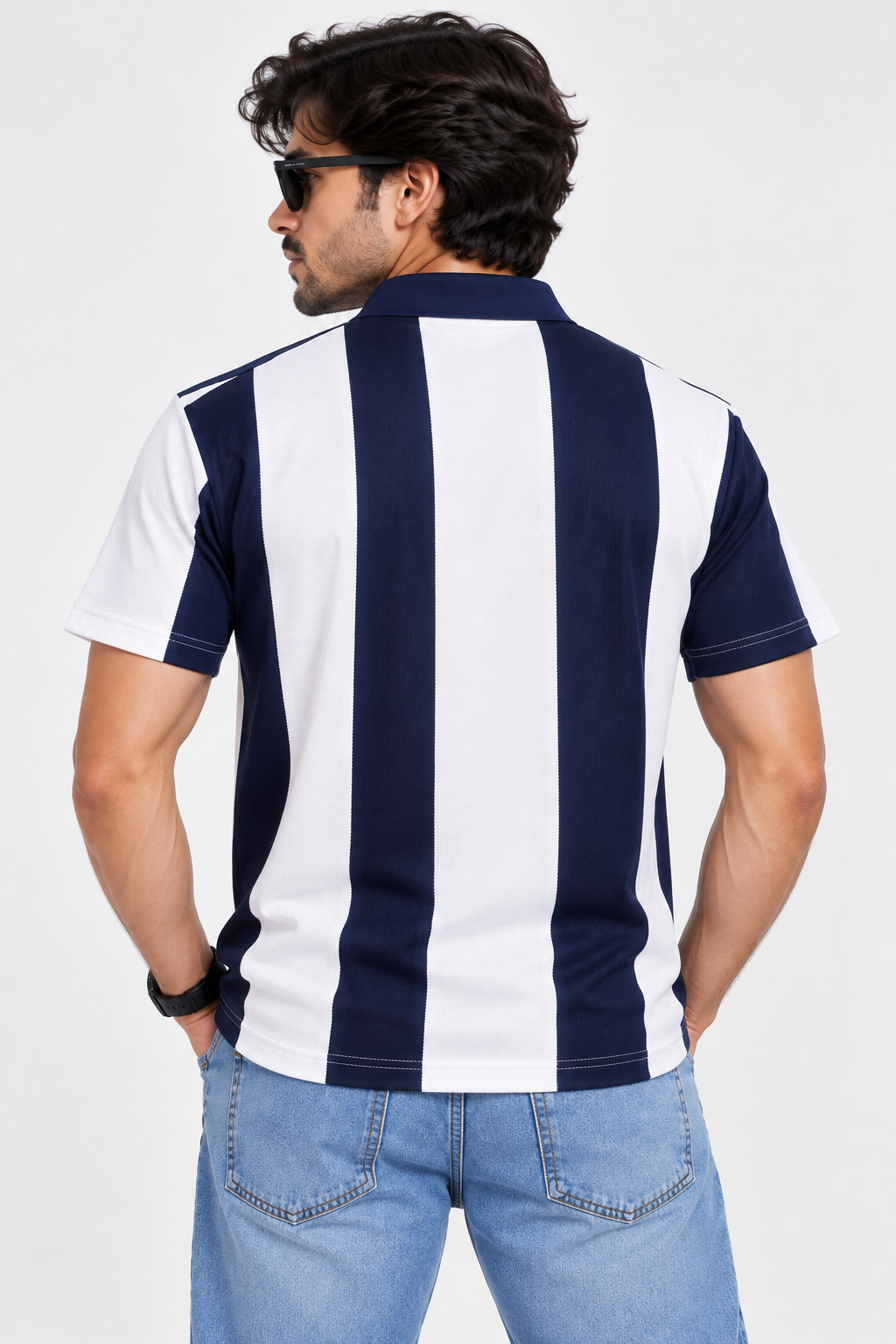 HILLDORF dark blue and white striped polo back view
