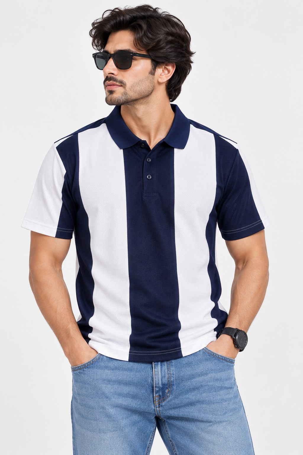 HILLDORF dark blue striped polo close-up detail