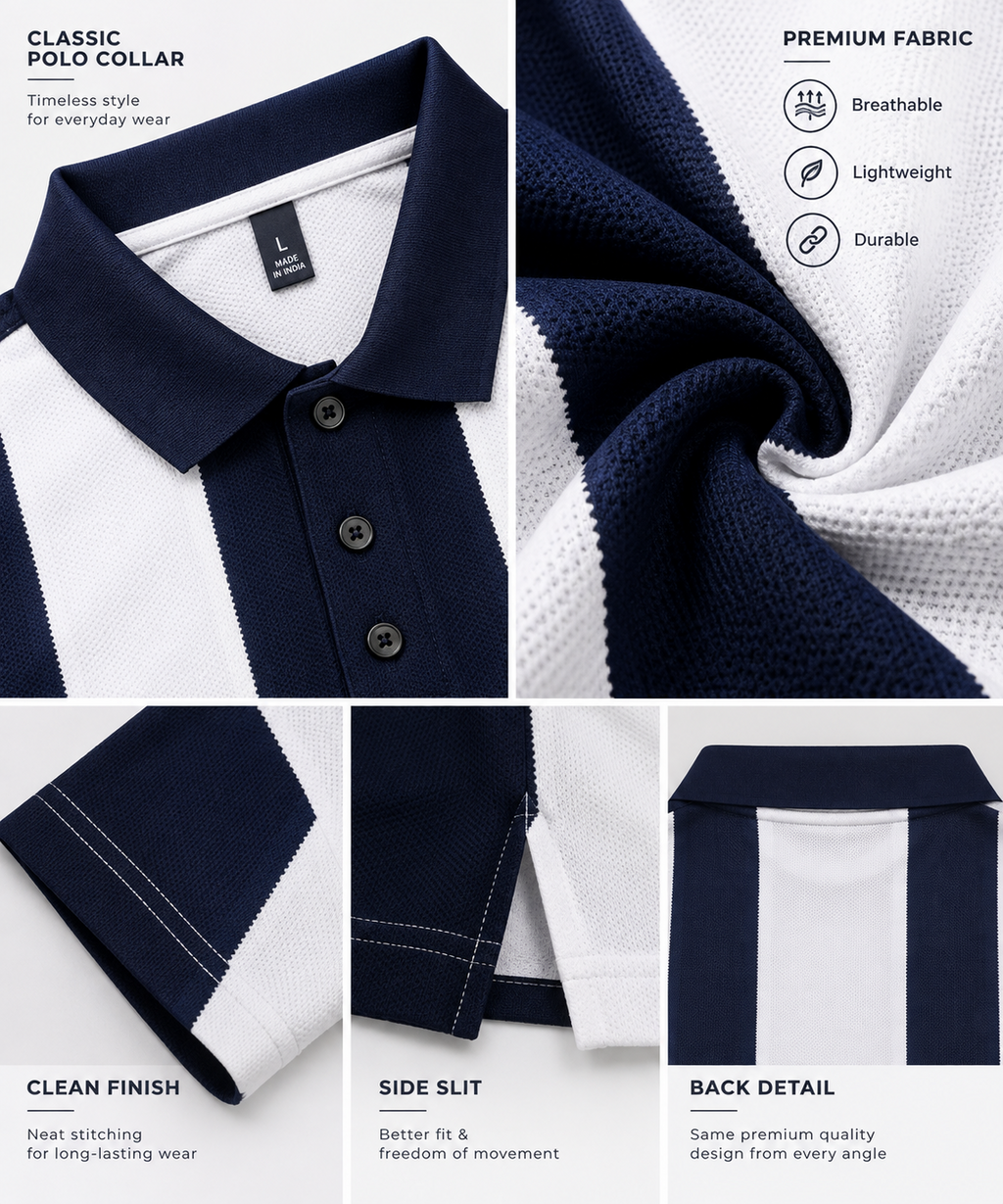 HILLDORF striped polo collar fabric and stitching details