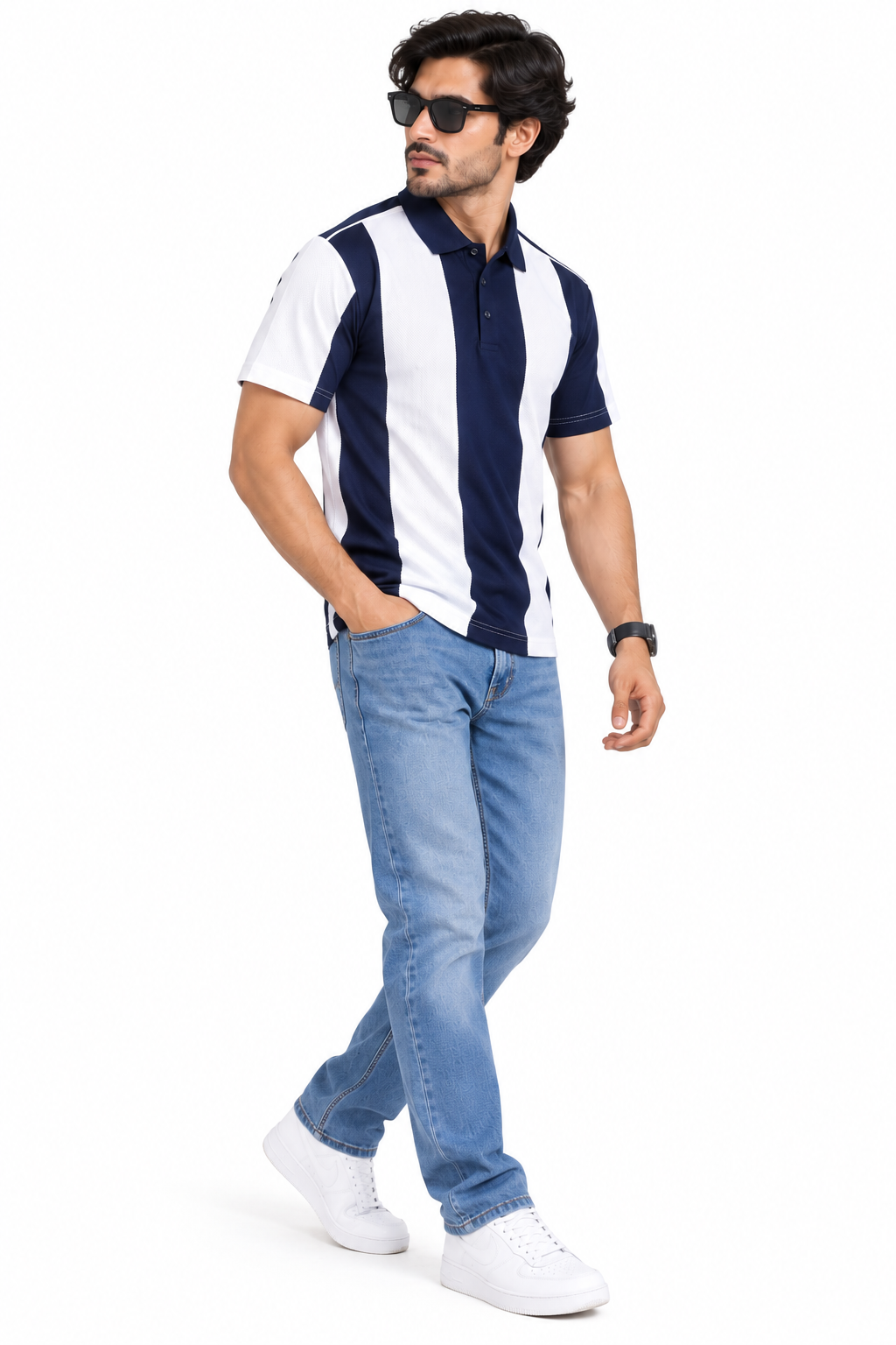 HILLDORF dark blue and white striped polo t-shirt front view