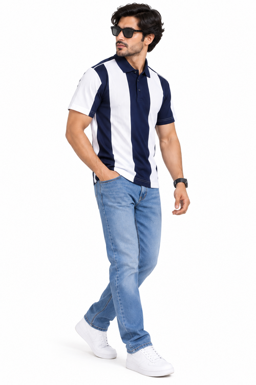 HILLDORF dark blue and white striped polo t-shirt front view