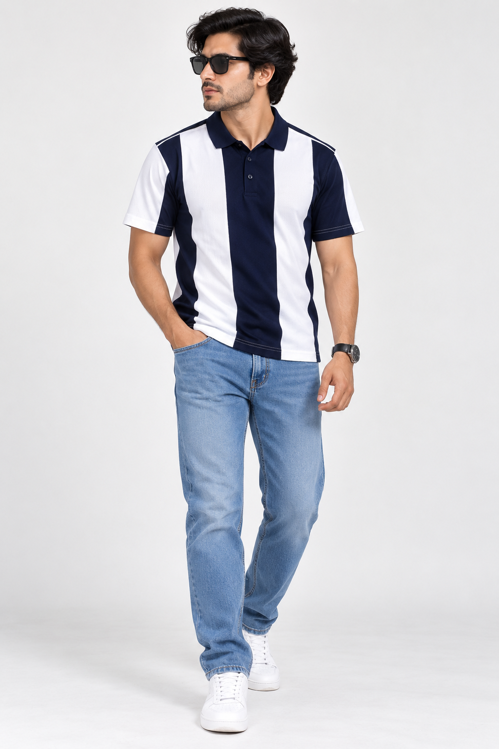 HILLDORF dark blue striped polo full front view
